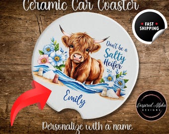 Personalized Highland Cow Car Coasters: Funny Car Decor (Set of 2)