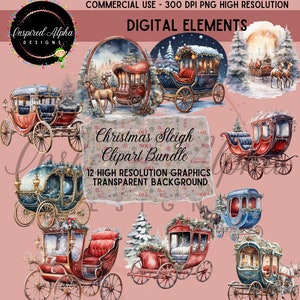 Aquarelle Clipart Bundle de 12 traîneaux de Noël - Fichiers PNG haute résolution - Téléchargement instantané - Utilisation commerciale
