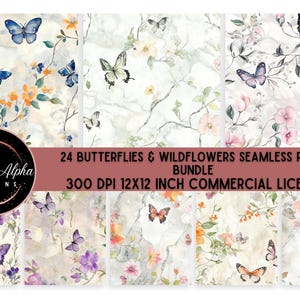 May include: A set of 24 digital seamless paper patterns featuring watercolor butterflies and wildflowers on a white marble background. The patterns are 300 DPI and 12x12 inches, and come with a commercial license.