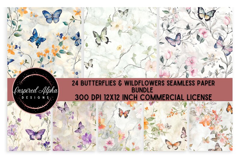 May include: A set of 24 digital seamless paper patterns featuring watercolor butterflies and wildflowers on a white marble background. The patterns are 300 DPI and 12x12 inches, and come with a commercial license.