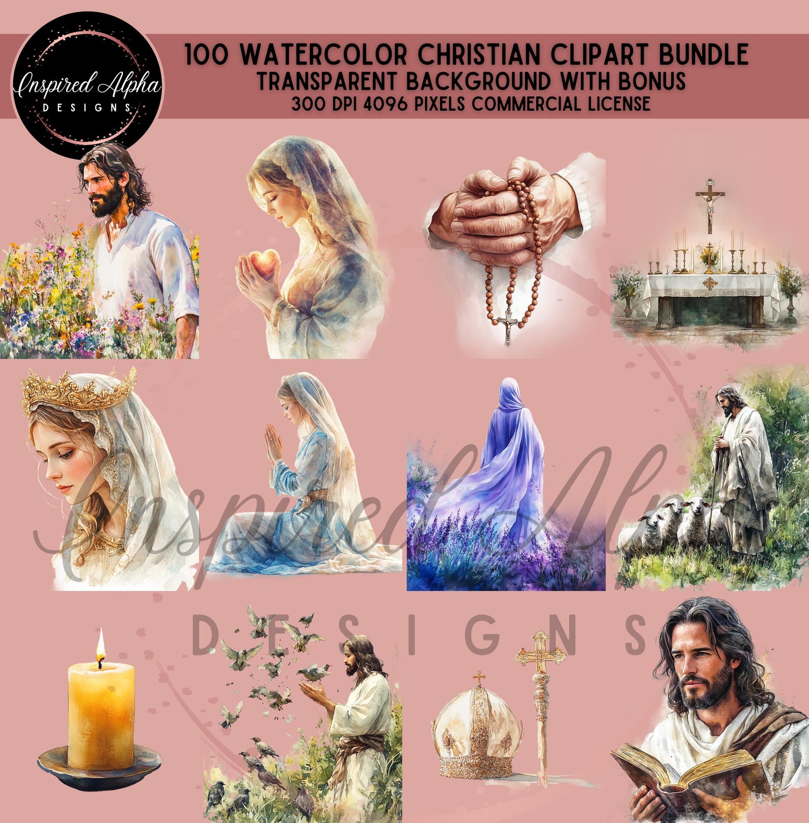 Watercolor Christian Clipart Bundle: Religious PNG Graphics (digital ...