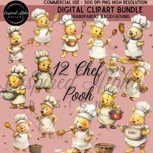 Classic Winnie the Pooh Inspired Chef Clipart Bundle | 12 Cooking Crafts Designs | PNG Files | Commercial Use | Bonus Bundle