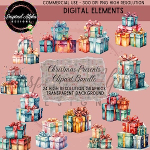 Watercolor Christmas Present Clipart Bundle - 24 Unique Designs, High-Resolution PNG, Instant Download, Commercial Use