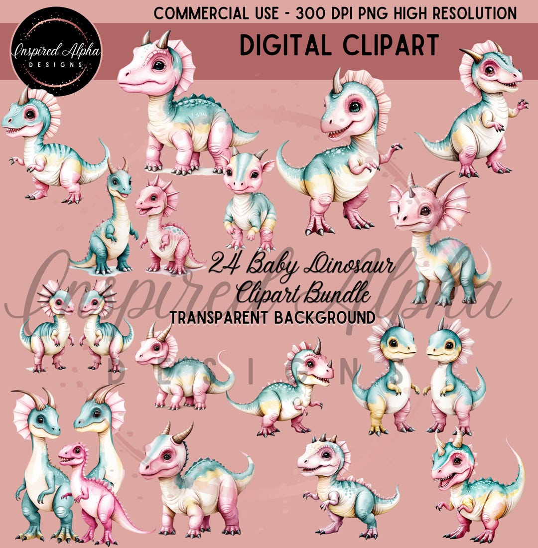 Watercolor Baby Dinosaurs Clipart Bundle - 24 Pastel Dino Designs ...
