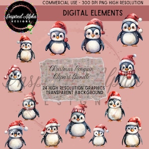 Christmas Penguins Aquarelle Clipart Bundle - 24 designs uniques de pingouins, PNG transparent de haute qualité, téléchargement instantané, utilisation commerciale