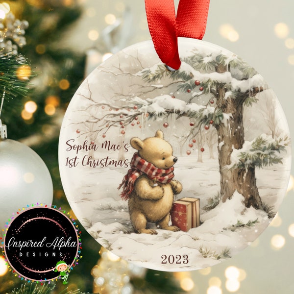 Personalized Classic Winnie the Pooh Inspired Christmas Ornament - Baby's 1st, 2nd, 3rd, 4th or 5th Christmas, Fast Shipping, Free Gift Box