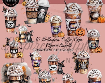 May include: A digital clipart bundle of 16 Halloween-themed coffee cups. The cups are decorated with various Halloween elements, including witches, bats, pumpkins, and cauldrons. The background is transparent.