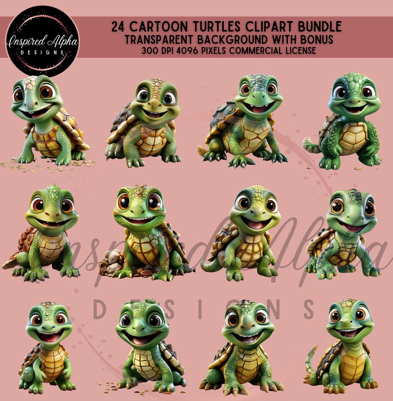 Cartoon Turtle Clipart Bundle – 24 PNG Images, Commercial Use - Etsy