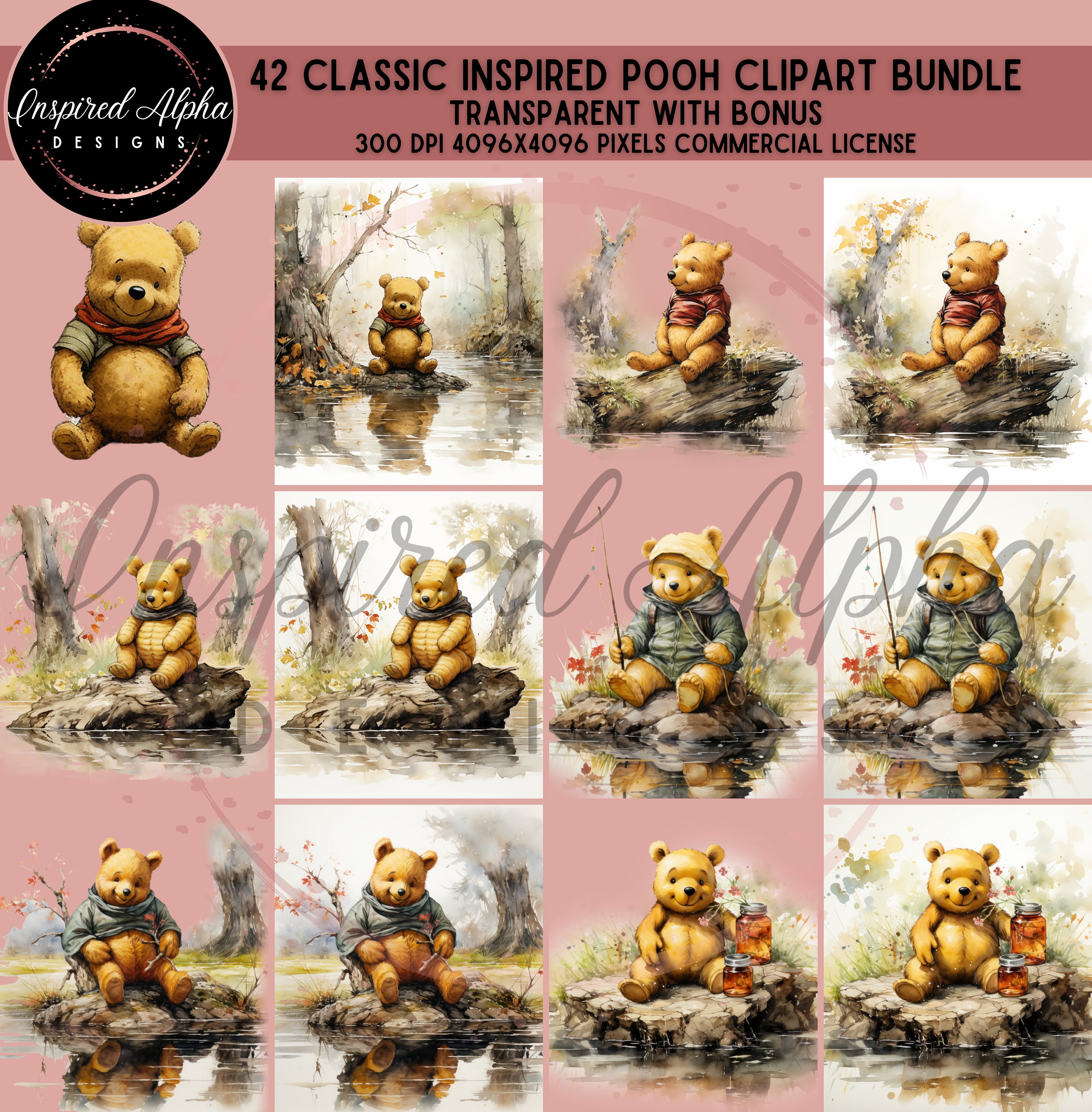 Modern Pooh Graphics Winnie the Pooh Clipart Bundle: 42 Watercolor Graphics (digital ...
