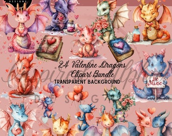 May include: A digital clipart bundle showcasing 24 watercolour Valentine's Day dragons in diverse colours. Dragons are depicted with hearts, flowers, and books. The image includes text: "24 Valentine Dragons Clipart Bundle" and "Digital Clipart".