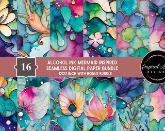 Mermaid Alcohol Ink Digital Paper: 16 Seamless Designs (Commercial Use) (Instant Download)