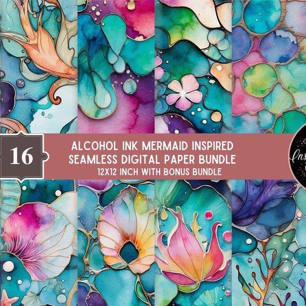 Mermaid Inspired Alcohol Ink Digital Papers Bundle, 16 modèles sans couture, téléchargement instantané d’encre liquide, utilisation commerciale, comprend un ensemble bonus