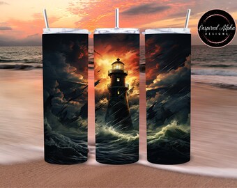 Lighthouse Silhouette Tumbler Wrap: Dramatic Stormy Sky Design for 20oz Skinny Tumblers, Sublimation Pattern, Commercial Rights
