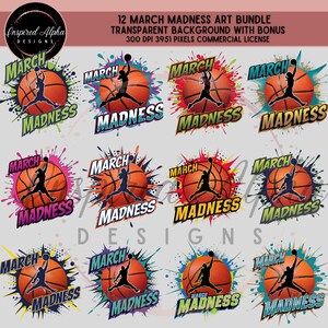 Pacote de clipart de basquete March Madness | 12 designs de sublimação masculinos e femininos | Arquivos PNG | Perfeito para camisetas e moletons