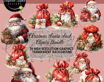 Watercolor Christmas Santa Sack Clipart Bundle (PNG, PDF, Commercial Use)