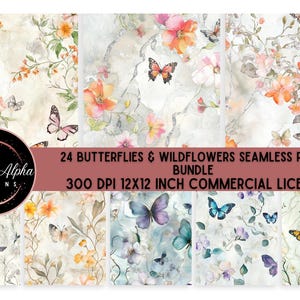 May include: A collage of 24 digital paper designs featuring watercolor butterflies and wildflowers in shades of pink, blue, green, and yellow. The papers are seamless and measure 12x12 inches at 300 DPI.  The text "24 Butterflies & Wildflowers Seamless Paper Bundle 300 DPI 12x12 Inch Commercial License" is displayed on the image.