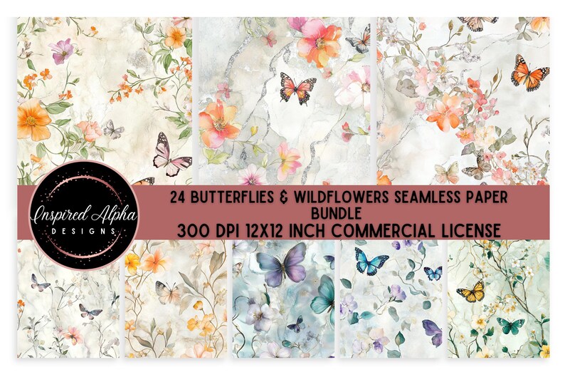 May include: A collage of 24 digital paper designs featuring watercolor butterflies and wildflowers in shades of pink, blue, green, and yellow. The papers are seamless and measure 12x12 inches at 300 DPI.  The text "24 Butterflies & Wildflowers Seamless Paper Bundle 300 DPI 12x12 Inch Commercial License" is displayed on the image.