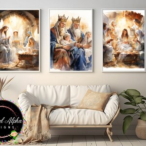May include: A set of three watercolor paintings depicting the Nativity scene. The first painting shows Mary, Joseph, and the baby Jesus in a stable with angels surrounding them. The second painting shows the three wise men kneeling before the baby Jesus. The third painting shows Mary holding the baby Jesus with angels surrounding them.