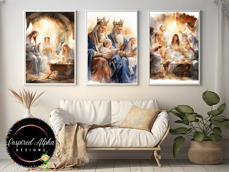 May include: A set of three watercolor paintings depicting the Nativity scene. The first painting shows Mary, Joseph, and the baby Jesus in a stable with angels surrounding them. The second painting shows the three wise men kneeling before the baby Jesus. The third painting shows Mary holding the baby Jesus with angels surrounding them.