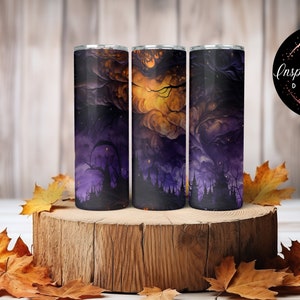 Halloween Purple Forest with Bats Tumbler Design, PNG Digital Download, 20oz Skinny Tumbler Wrap, Tumbler Sublimation Wrap Design