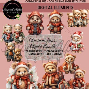 Paquete de imágenes prediseñadas de acuarela de 24 osos de Navidad - Archivos PNG de alta resolución - Descarga instantánea - Uso comercial