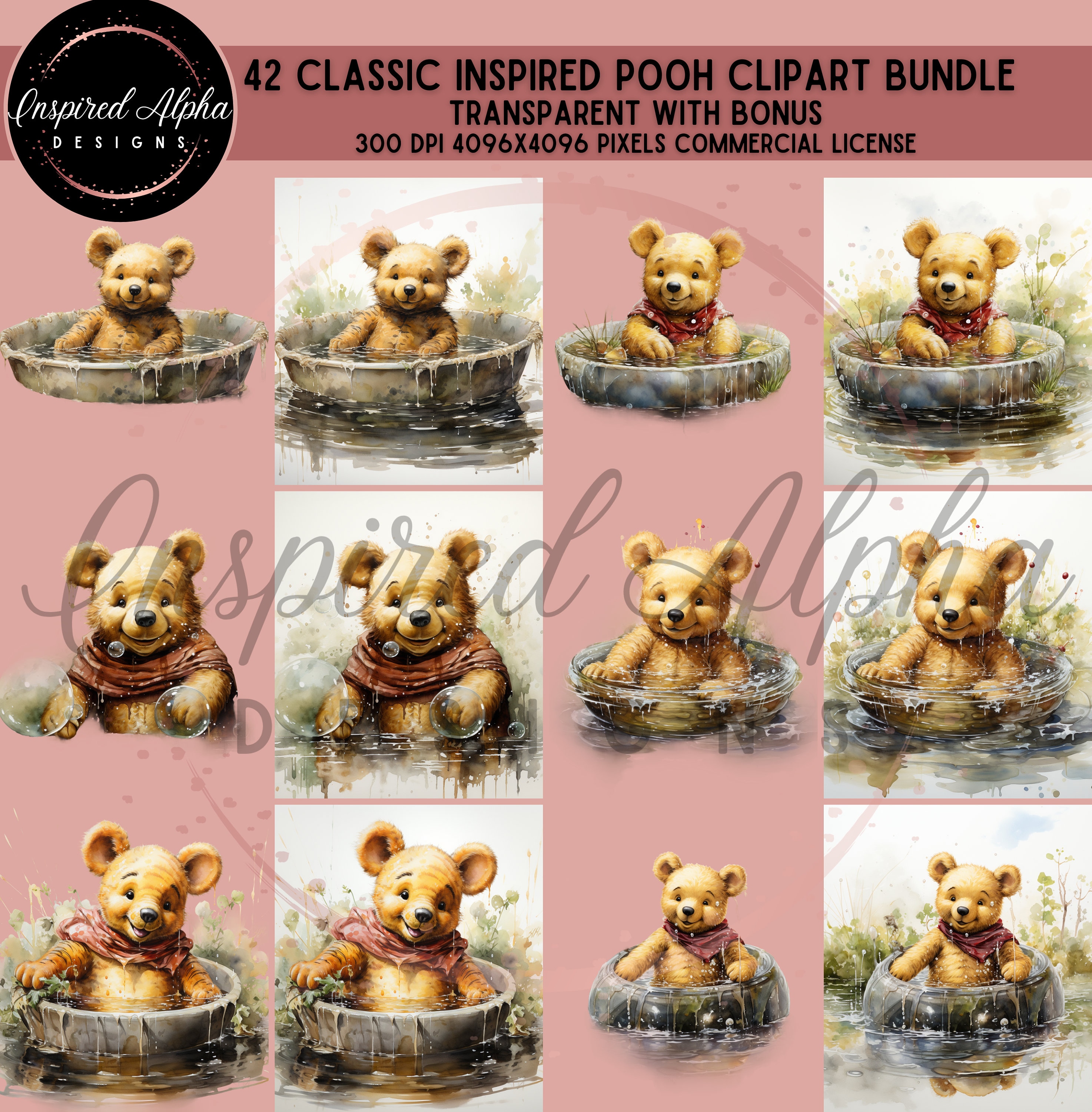 Modern Pooh Graphics Winnie the Pooh Clipart Bundle: 42 Watercolor Graphics (digital ...