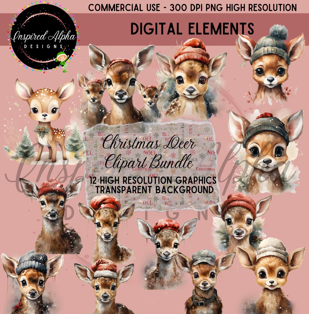 Watercolor Christmas Deer Clipart Bundle: High-resolution PNG (digital ...