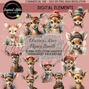 Watercolor Clipart Bundle of 12 Christmas Deer - High Resolution PNG Files - Instant Download - Commercial Use