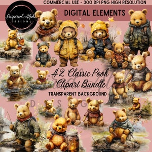 Classique Winnie l’ourson inspiré Clipart Bundle | 42 graphiques transparents à l’aquarelle | Haute résolution, téléchargement instantané, utilisation commerciale