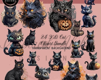 3D Black Cat Halloween Clipart Bundle: 24 PNG Files (Commercial Use)