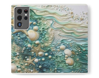 Étui portefeuille à folio pour téléphone portable en similicuir Beachy 3D Art pour iPhone et Samsung Galaxy