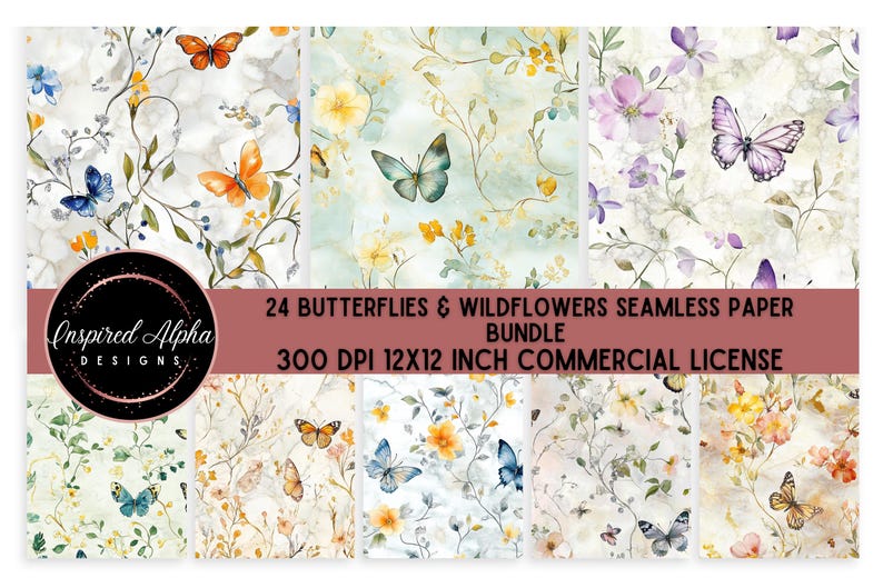 May include: A digital paper pack with 24 seamless patterns featuring butterflies and wildflowers in watercolor style. The patterns are in shades of blue, purple, pink, yellow, and green on a white background. The text "24 Butterflies & Wildflowers Seamless Paper Bundle 300 DPI 12x12 Inch Commercial License" is at the bottom of the image.