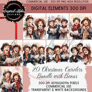 Christmas Caroling Watercolor Clipart Bundle - 20 design unici per cantori di Natale, PNG di alta qualità, download immediato, uso commerciale