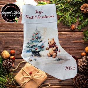 2025 Personalized Winnie the Pooh Inspired Christmas Stocking | Baby&#39;s First Christmas Stocking | Fast Shipping