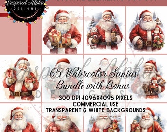Watercolor Santa Claus Clipart Bundle: 65 High-Res PNGs (Commercial Use, Instant Download)