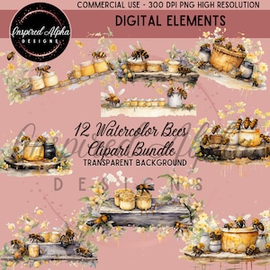 Aquarell Clipart, 12 Bienen, transparenter Hintergrund, kommerzielle Rechte | High-Res, Sofort-Download, Bonus-Inhalte inklusive