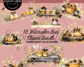 Paquete de imágenes prediseñadas de abejas en acuarela: fondo transparente, uso comercial (descarga digital)