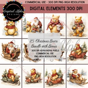 Classica clipart natalizia di Winnie the Pooh - Stile acquerello, 25 grafica ad alta risoluzione, licenza commerciale, orso e arte festosa