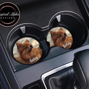 May include: Two brown and white dog car coasters with the name "Bailey" printed on each. The coasters are in a car cup holder.