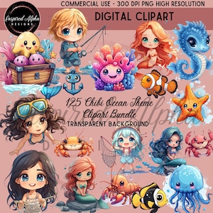 125 Chibi Ocean Themed Clipart Bundle - Sea Creatures, Mermaids, Under the Sea, Sea Animal Clip art, Commercial Use, Instant Download
