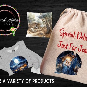 May include: A set of Christmas-themed products featuring a gray sweatshirt with a winter scene, a pillow with a watercolor painting of a stable, and a burlap gift bag with a nativity scene and the text "Special Delivery Just For Jenny".