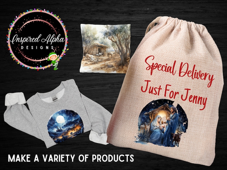 May include: A set of Christmas-themed products featuring a gray sweatshirt with a winter scene, a pillow with a watercolor painting of a stable, and a burlap gift bag with a nativity scene and the text "Special Delivery Just For Jenny".