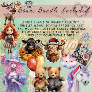 May include: A digital clipart bundle with a variety of images, including a reindeer, a girl in a red dress, a cow, a highland cow, a witch, a unicorn, teddy bears, and a star. The text "Bonus Bundle Included" is at the top of the image. The text "BONUS BUNDLE OF GRAPHIC ELEMENTS, TUMBLER WRAPS, DIGITAL PAPERS, CLIPART AND MORE WITH LIFETIME ACCESS WHICH HAS ITEMS ADDED WEEKLY AND BEST OF ALL INCLUDES COMMERCIAL RIGHTS!" is in the middle of the image.