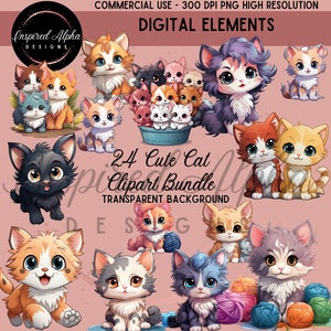 Cute Chibi Cartoon Cat Clipart Bundle | 24 Original Designs | High-Res, Commercial Use, Instant Download | Bonus Content Included