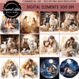 May include: A digital illustration set of watercolor paintings depicting the nativity scene. The set includes images of Mary, Joseph, and baby Jesus, as well as sheep, a stable, and a star. The illustrations are in a soft, muted color palette and have a vintage feel.