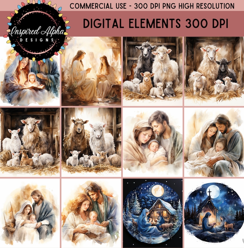 May include: A digital illustration set of watercolor paintings depicting the nativity scene. The set includes images of Mary, Joseph, and baby Jesus, as well as sheep, a stable, and a star. The illustrations are in a soft, muted color palette and have a vintage feel.