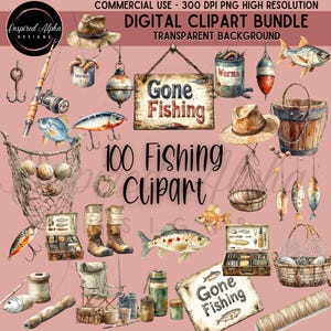 Watercolor Fishing Gear Clipart Bundle | 100 Rustic Outdoor Illustrations | Transparent PNG | 300 DPI | Commercial Use