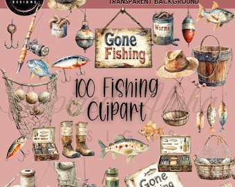 Watercolor Fishing Gear Clipart: 100 Rustic Illustrations (PNG, 300 DPI)
