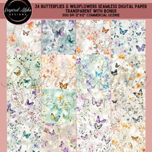May include: 24 digital paper designs featuring watercolor butterflies and wildflowers in shades of blue, purple, pink, yellow, and green. The designs are seamless and perfect for crafting projects.