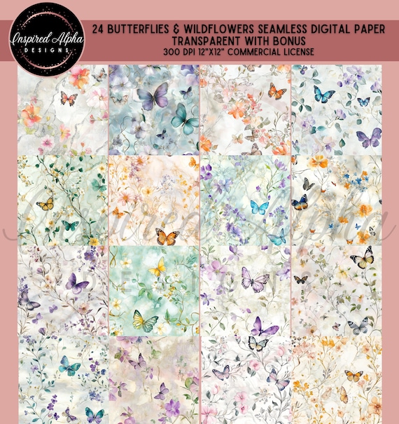 Watercolor Butterflies Digital Paper: Seamless Wildflower PNG Bundle (Digital Download)